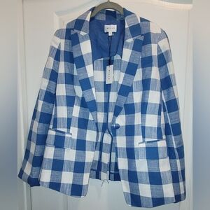 MILLY Avery Linen Blue and White Checkered Gingham Blazer Sz 6 NWT